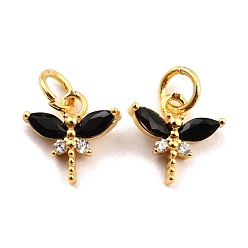Black Brass Micro Pave Cubic Zirconia Charms, Real 18K Gold Plated, Cadmium Free & Lead Free, Autumn Pendants, Dragonfly, Black, 10x10.5x3mm, Hole: 3.8mm