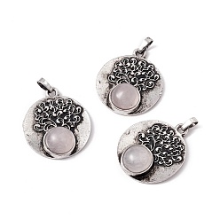 Quartz Crystal Natural Quartz Crystal Alloy Pendants, Lead Free & Cadmium Free, Antique Silver, Flat Round with Tree, 28.5x24.5x6.5mm, Hole: 4x3.5mm
