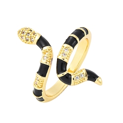 Черный Латунные кольца-манжеты с микропаве и прозрачным цирконием для женщин, змея, с эмалью, стойки покрытие, без кадмия и без свинца, прочное покрытие, реальный 18 k позолоченный, чёрные, внутренний диаметр: 18.3 мм