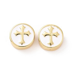 White Brass Enamel Beads, Cadmium Free & Lead Free, Long-Lasting Plated, Flat Round with Cross, Real 18K Gold Plated, White, 12x5.5mm, Hole: 2.5mm