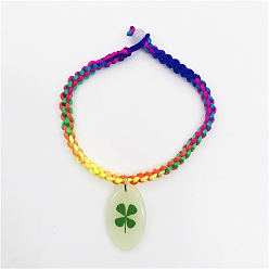 Oval Luminous Resin with Clover Charm Bracelet, Glow In The Dark Nylon Cord Braided Bracelet for Women, Colorful, Oval Pattern, Pendant: 20mm