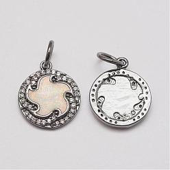 Gunmetal Brass Cubic Zirconia Charms, with Synthetic Opal, Flat Round, Cadmium Free & Lead Free, Gunmetal, 16x13.5x2mm, Hole: 4.5mm