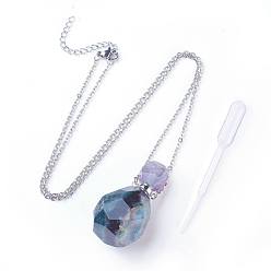 Fluorite Natural Fluorite Openable Perfume Bottle Pendant Necklaces, with 304 Stainless Steel Cable Chain and Plastic Dropper, Bottle, Size: about 34~40 long, 15~20mm wide