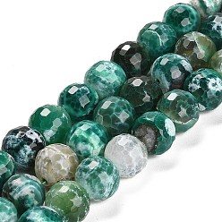 Dark Cyan Natural Fire Crackle Agate Beads Strands, Dyed & Heated, Round, Faceted, Dark Cyan, 13.5~14mm, Hole: 1.4mm, about 28~29pcs/strand, 15.16 inch(38.5cm)