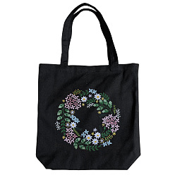 Lilac DIY Wreath Pattern Black Canvas Tote Bag Embroidery Kit, including Embroidery Needles & Thread, Cotton Fabric, Plastic Embroidery Hoop, Lilac, 390x340mm