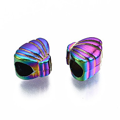 Rainbow Color Alloy European Beads, Large Hole Beads, Cadmium Free & Nickel Free & Lead Free, Shell Shape, Rainbow Color, 10x10.5x7.5mm, Hole: 4.5mm