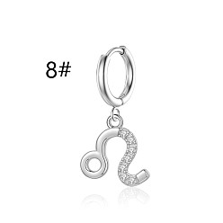 Leo Clear Cubic Zirconia Constellation Dangle Hoop Earrings, 304 Stainless Steel Jewelry for Women, Stainless Steel Color, Leo, 6mm