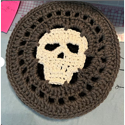 Coffee Halloween Theme Polyester Crochet Cup Mats, Antiskid Macrame Coasters, Flat Round with Skull, Coffee, 120mm