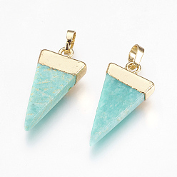 Amazonite Natural Amazonite Pendants, with Brass Findings, Triangle, Golden, 27~29x12~13x4~5mm, Hole: 4x6mm