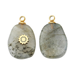 Labradorite Natural Labradorite Pendants, Oval Charms with Golden Tone Stainless Steel Snowflake Slice, 17x11mm, Hole: 1.5mm