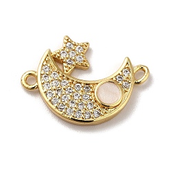 Real 18K Gold Plated Eco-Friendly Rack Plating Brass Micro Pave Clear Cubic Zirconia Connector Charms, with Enamel, Long-Lasting Plated, Lead Free & Cadmium Free, Moon with Star, Real 18K Gold Plated, 14.5x20x2.5mm, Hole: 1.4mm