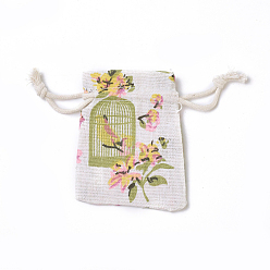 Colorful Burlap Packing Pouches, Drawstring Bags, Rectangle with Birdcage Pattern, Colorful, 8.7~9x7~7.2cm