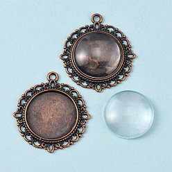 Red Copper Pendant Making Sets, with Alloy Pendant Cabochon Settings and Glass Cabochons, Flat Round, Lead Free & Nickel Free, Red Copper, Tray: 20mm, 35x32x2mm, Hole: 2mm