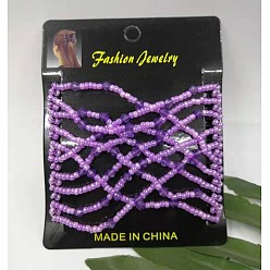Dark Violet Plastic Hair Bun Makers, Stretch Double Hair Combs, with Glass Bead, Dark Violet, 75x107mm