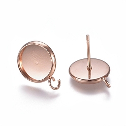 Rose Gold 304 Stainless Steel Stud Earring Settings, with Loop, Flat Round, Rose Gold, Tray: 10mm, 13.5mm, Hole: 2mm, Pin: 0.7mm