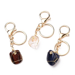 Mixed Color Wire Wrapped Natural Gemstone Keychain, with Golden Plated Alloy Swivel  Clasps and Iron Split Key Rings, Nuggets, Mixed Color, 90~93.5mm