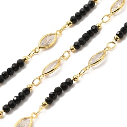 Черный Покрытие стойки, позолоченные цепочки из латуни с фианитом «конский глаз», ручной цепи стекло бисером, пайки, с катушкой, без свинца и без кадмия, чёрные, лошадь глаз: 18 мм, звено борта: 13.5x4.5x2мм