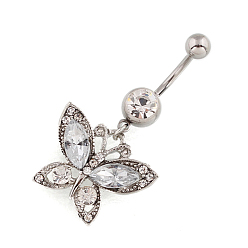 Clear Butterfly Rhinestone Charm Belly Ring, Navel Ring, Piercing Jewelry for Women, Clear, 50x30mm, Pin: 1.6mm, Head: 5mm
