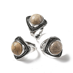 Пейзажный Джаспер Регулируемые кольца из яшмы с натуральным рисунком, старинные латунные кольца серебряного тона, ромб, 22 мм, внутренний диаметр: 18 мм