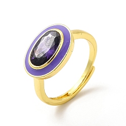 Medium Orchid Purple Cubic Zirconia Oval Adjustable Ring, Rack Plating Real 18K Gold Plated Brass Enamel Jewelry for Women, Long-Lasting Plated, Cadmium Free & Lead Free, Medium Orchid, US Size 6, Inner Diameter: 16.5mm, 2mm, Oval: 11x15mm