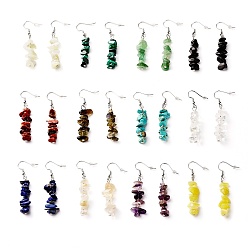 Mixed Stone Natural & Synthetic Mixed Stone Chip Beads Dangle Earrings, Brass Jewelry for Girl Women, Platinum, 53.5~54.5mm, Pin: 0.5mm