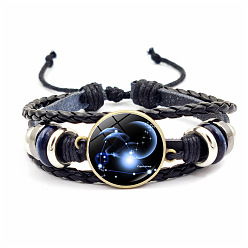 Capricorn Leather Triple Layer Multi-strand Bracelets, with Glass Constellation Links, Capricorn, 7-1/8 inch(18cm)