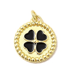 Черный Латунь эмаль подвески, плоские круглые подвески с клевером и соединительными кольцами, без свинца и без кадмия, долговечный, стойки покрытие, реальный 18 k позолоченный, чёрные, 22.5x19.5x2.5 мм, отверстие : 3.4 мм