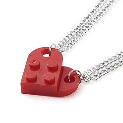 Red Resin Building Blocks Pendant Necklaces Sets, Couple Necklaces, with 304 Stainless Steel Lobster Claw Clasps, Half Oval, Red, 17.51 inch(44.5cm), 2pcs/set