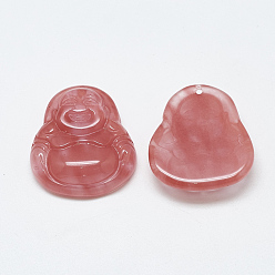 Cherry Quartz Glass Cherry Quartz Glass Pendants, Maitreya, 26~27x24~26x8~9mm, Hole: 1mm
