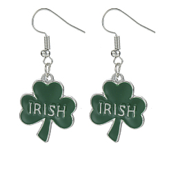 Platinum Green Enamel Clover with Word Irish Dangle Earrings, Saint Patrick's Day Alloy Earrings for Women, Platinum, Pendant: 20x24mm