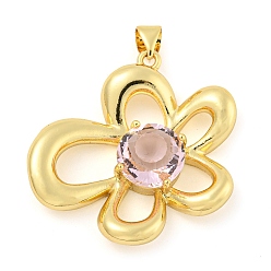 Pink Rack Plating Brass Pendants, with Glass, Long-Lasting Plated, Cadmium Free & Lead Free, Flower Charms, Pink, 30.5x30.5x7.5mm, Hole: 4x3mm