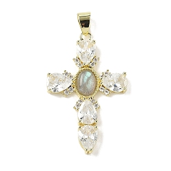 Лабрадорита Природные подвески лабрадорита, подвески-кресты из латуни с прозрачным кубическим цирконием, реальный 18 k позолоченный, долговечный, стойки покрытие, 39x25x4.5 мм, отверстие : 6x4 мм