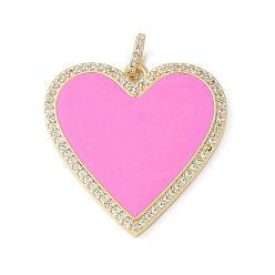 Ярко-Розовый Латунные микро проложить кубического циркония подвески, с эмалью, сердце, стойки покрытие, долговечный, без свинца и без кадмия, с целью перехода в кольце, ярко-розовый, 30.5x30x2 мм, отверстие : 5x3 мм