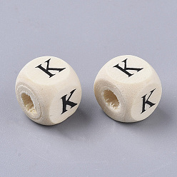 Letter K Printed Natural Wood Beads, Horizontal Hole, Cube with Initial Letter, PapayaWhip, Letter.K, 10x10x10mm, Hole: 3.5mm, about 1000pcs/500g