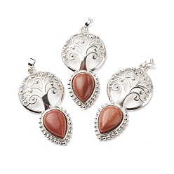 Goldstone Synthetischen Goldstone große Anhänger, mit platinen Messing Zubehör  , cadmiumfrei und bleifrei, Baum mit Träne, 55x28x8 mm, Bohrung: 4.8x7.5 mm