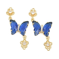 Blue Brass Micro Pave Cubic Zirconia Connector Charms, Butterfly with Flower Links, with Glass, Lead Free & Cadmium Free, Long-Lasting Plated, Rack Plating, Real 18K Gold Plated, Blue, 46x21x4mm, Hole: 1.4mm
