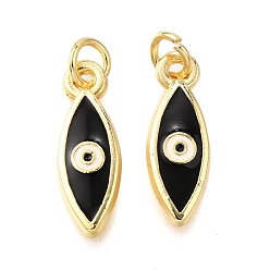 Черный Латунь эмаль подвески, с целью перехода в кольце, конский глаз с оберегом от сглаза, стойки покрытие, без кадмия и без свинца, долговечный, золотые, чёрные, 18x6x2 мм, отверстие : 3 мм