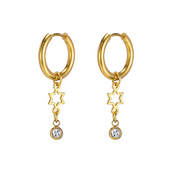 Golden Titanium Steel Dangle Hoop Earrings, Hollow Star, Golden, 30x16mm