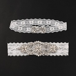 White Lace Elastic Bridal Garters, Flower Pattern, Wedding Garment Accessories, with Imitation Pearl Beads & Rhinestone, White, 120mm and 125mm Inner Diameter, 26mm and 49mm, 2pcs/set