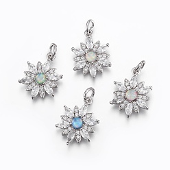 Mixed Color Brass Micro Pave Cubic Zirconia Pendants, with Synthetic Opal, Flower, Platinum, Mixed Color, 23mm, Hole: 3.5~4mm