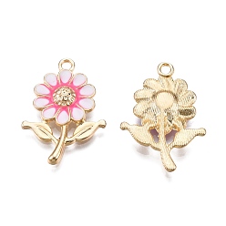 Бледно-Розовый Подвески из эмали и сплава, золотые, подсолнечник, розовый жемчуг, 27x19x3.5 мм, отверстие : 1.8 мм
