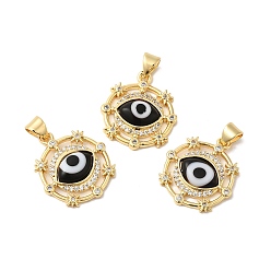 Black Handmade Evil Eye Lampwork Pendants, with Brass Cubic Zirconia Finding, Cadmium Free & Lead Free, Real 18K Gold Plated, Flat Round Charm, Black, 20.5x17.5x3.3mm, Hole: 3x4.3mm