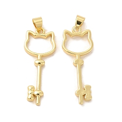 Real 18K Gold Plated Rack Plating Brass Pendants, Long-Lasting Plated, Cadmium Free & Lead Free, Cat Key, Real 18K Gold Plated, 32x12x2mm, Hole: 3x5mm