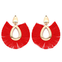 Red Alloy Teardrop Stud Earrings, Bohemia Style Horseshoe Tassel Dangle Earrings for Women, Red, 80x68mm