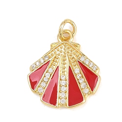 Красный Латунные микропаве прозрачные подвески с фианитом, с эмалью, оболочки прелести, без кадмия и без свинца, реальный 18 k позолоченный, красные, 18.5x16.5x2 мм, отверстие : 3.5 мм