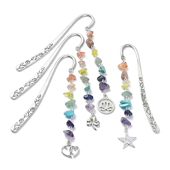 Antique Silver 4Pcs 4 Style Shamrock Heart Star Alloy Pendant Bookmarks, Gemstone Chip Beaded Bookmarks, Flower Pattern Hook Bookmark, Antique Silver, 118x22x2mm, 1pc/style