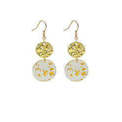 E1650 Vintage Chinese Style Long Earrings with Gold Foil Acrylic Discs and Irregular Metal Pendants
