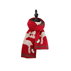 FireBrick Christmas Theme Knitting Wool Long Polyester Scarf, Couple Style Winter/Fall Warm Soft Scarves, Reindeer Pattern, FireBrick, 188mm