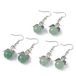 Зеленый Авантюрин Круглые серьги с подвесками из натурального зеленого авантюрина из бисера, платиновые латунные украшения для женщин, без кадмия и без свинца, 45 мм, штифты : 0.7 мм