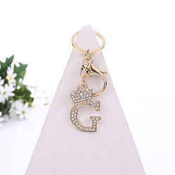 Letter G Crystal Rhinestone Initial Letter with Crown Pendant Keychains, with Light Gold Alloy Findings, Letter.G, 10~10.5cm, alphabet: 40~46x20~45mm